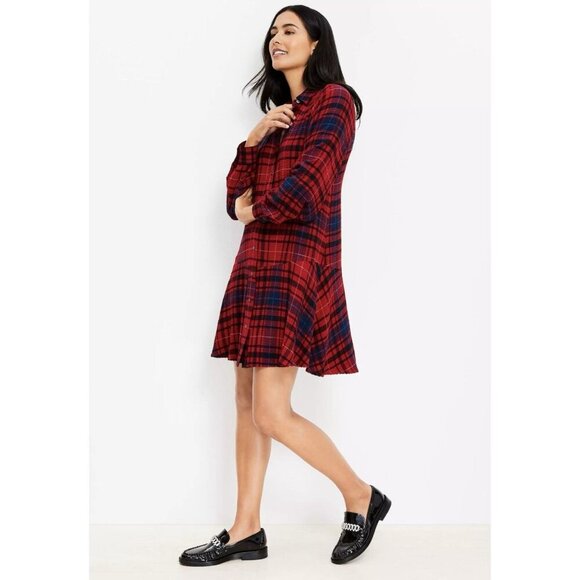 LOFT Dresses & Skirts - Loft Plaid Mini Shirt Dress Long Sleeve Size Small NWOT Red
